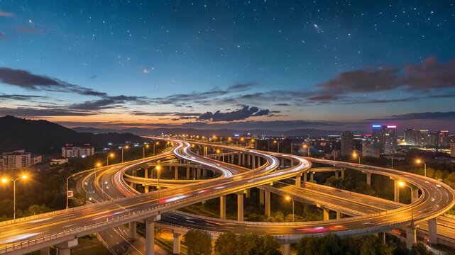 Traffic on the overpass at night is delayed on the city's elevated overpass at night
