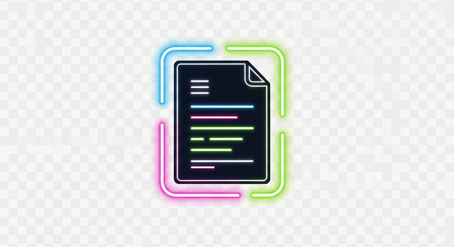 A colorful neon document icon with a transparent background for design