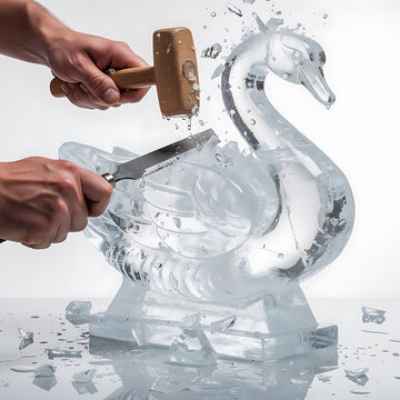 Ice sculptor chiseling decorative swan with hammer and chisel  