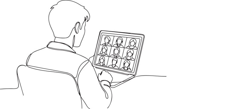 One Line Drawing of Man Having Virtual Meeting on Laptop, Online Video Conference and Remote Work Concept, Continuous Line Art Vector Illustration
