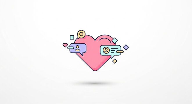 A colorful vector graphic of a heart with speech bubbles and icons