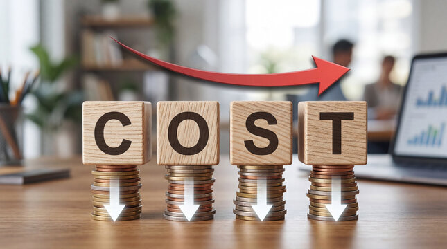 Financial cost reduction concept with wood blocks and stacks of coins on wooden desk top.