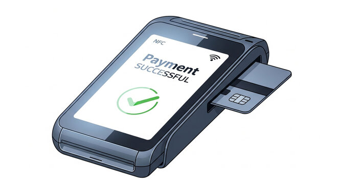 A vector graphic illustration of a payment terminal with a successful transaction