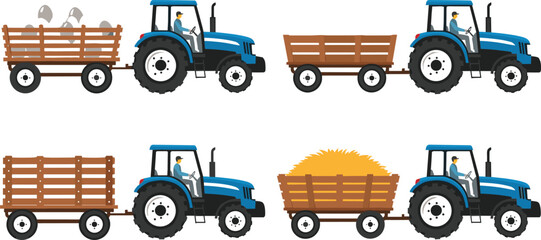 Farm Tractor and Trailer Vector Set with Livestock Transport, Hay Wagon, Agricultural Vehicles, and Rural Farming Equipment Illustration © MdMunzurul