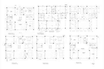 Community center ground floor and service plans including reinforcement, A.C, camera, and plumbing layouts, illustrated in clean architectural CAD line art and isolated on a white background as an EPS ©  SobuzForge