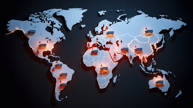 World map with disrupted trade routes and halted transport icons showing global supply chain breakdown and logistics crisis affecting international commerce