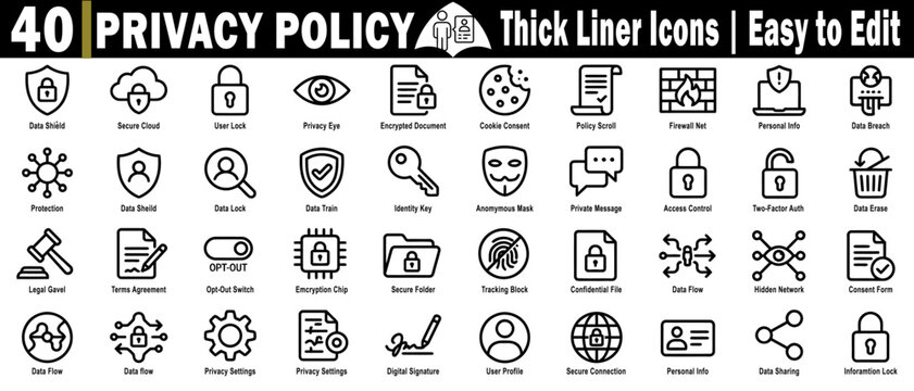 Privacy policy thick liner icons. Easy editing, covering data shield, secure cloud, user lock, and privacy eye vector illustration.