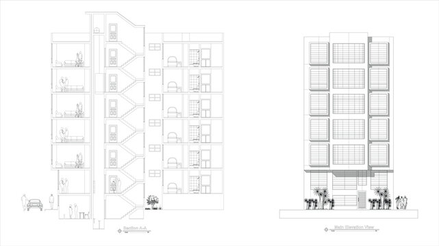 Complete multi-floor architectural CAD set with semi-basement to 6th floor plans, roof plan, (section and elevation), clean black and white vector line art isolated on white background, EPS 10.