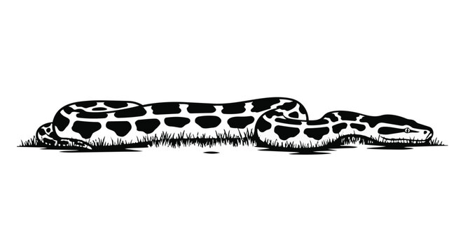 Black and white illustration of a large python snake resting in the grass