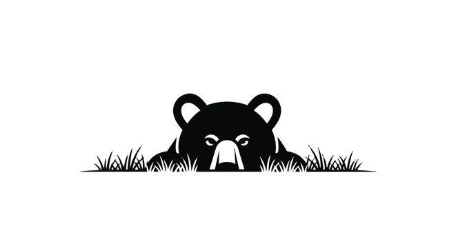 Minimalist bear head peeking out from the grass vector illustration