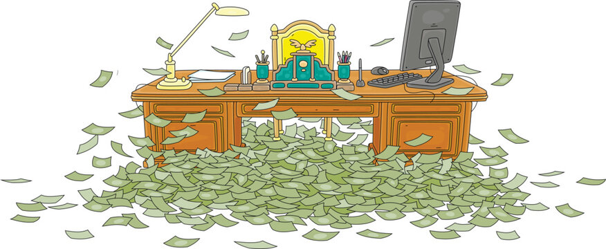 Desk of an official and politician in a pile of money, vector cartoon illustration on a white background
