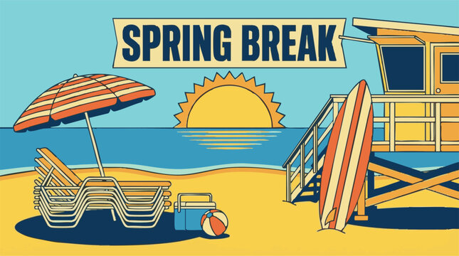 Spring Break beach scene illustration with lifeguard tower and sunset