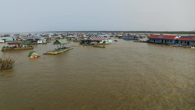 Aerial view of the Kampong Phluk floating village on the Tonle Sap lake in Cambodia