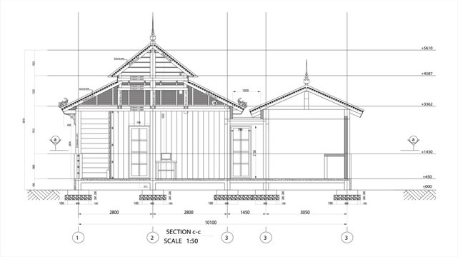 Black and white architectural C&ndash;C section of a residential building arranged within a 72m &times; 19m plot, illustrated as a clean CAD-style vector drawing isolated on a white background in EPS 10 format