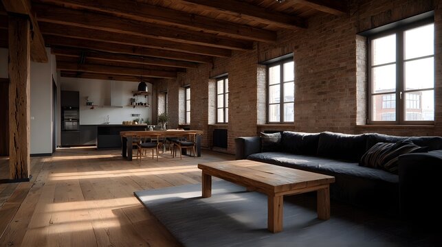 Modern industrial loft interior with exposed wooden beams brick walls and natural sunlight