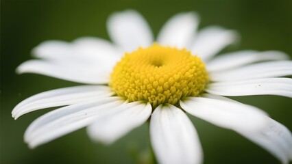 Fototapeta premium Close-up of a beautiful white daisy flower with a bright yellow center against a blurred green background, showcasing delicate petals and natural beauty