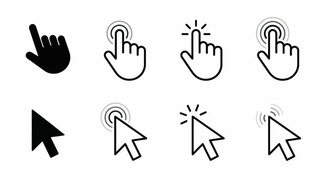 Vector graphic illustration of various hand and mouse cursor click icons