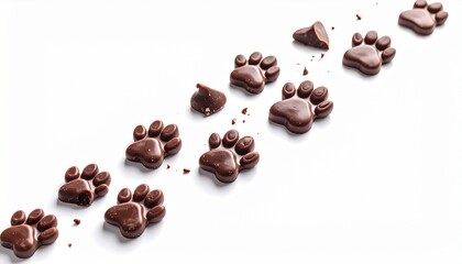 Naklejka premium A trail of delicious chocolate paw prints arranged diagonally with some crumbs and pieces scattered around, representing a sweet treat or pet-friendly dessert, isolated on a clean white background.