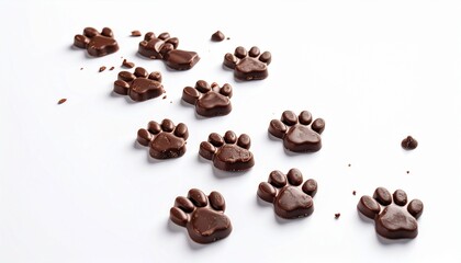 Obraz premium Delicious paw-shaped milk chocolate treats for pets, possibly dog or cat treats, arranged neatly on a clean white background. A sweet and fun concept for pet lovers and confectioneries.