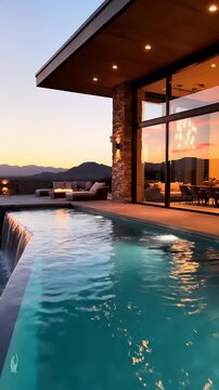 Stunning vertical sunset view at luxury villa. Modern architecture showcases elegant design and tranquility. Relaxing ambiance by pool enhances evening atmosphere.