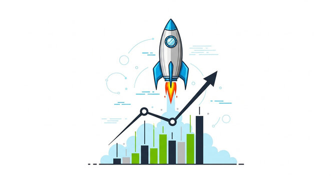 A colorful vector graphic of a rocket launching over a growing bar chart