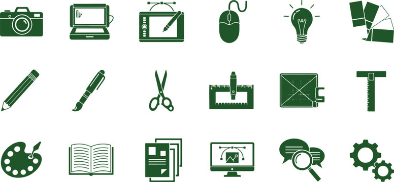 Set of 18 graphic design icons for creative professional use in a neatly organized grid layout over transparent background