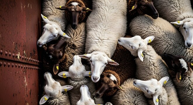 A group of sheep with yellow tags in their ears standing next to a red metal wall looking in different directions