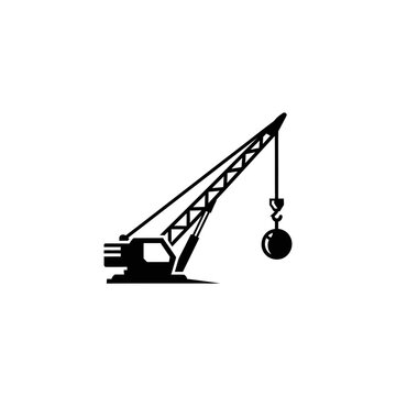 Demolition crane silhouette with wrecking ball ready to destroy structures.