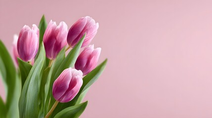 Fototapeta premium Fresh tulips in shades of pink stand against a soft background for Womens Day