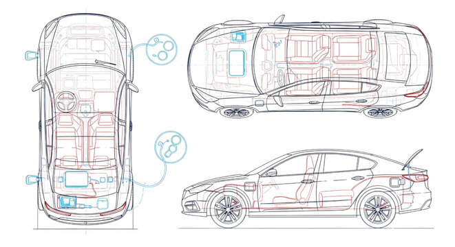Electric Car Charging AutoCAD Blueprint Vector &ndash; Multi View EV Technical Drawing Pink and Light Blue Outline on White