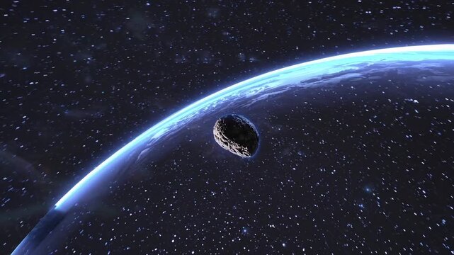 Celestial object approaches planet, NearEarth asteroid follows path through vibrant planetary neighborhood, Cosmic rock navigates trajectory around lively planetary systems close to our planet
