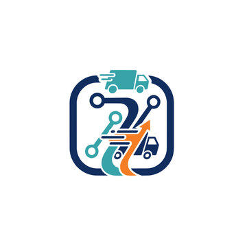Digital delivery logistics icon featuring trucks and circuit board elements.