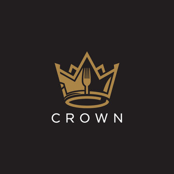 Elegant golden crown logo design with a fork representing fine dining and royalty.