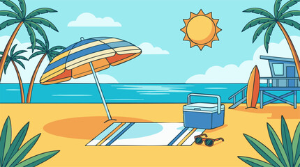 Idyllic summer beach scene with palm trees, ocean, sun, and vacation items © Siamart
