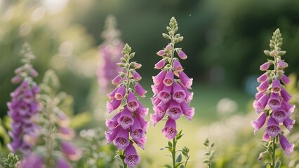 Obraz premium Vibrant purple foxglove flowers stand tall, catching the soft golden light of a summer evening, creating a serene and picturesque botanical scene in a meadow