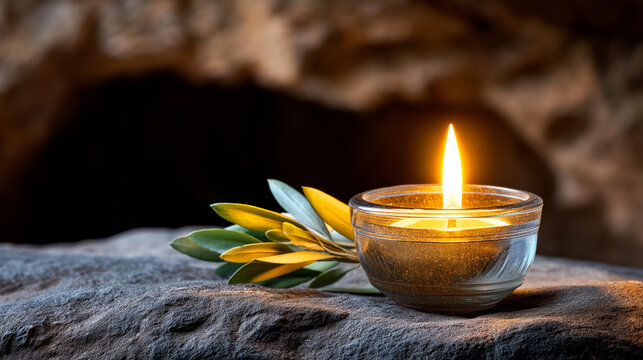 Oil lamp with flame illuminating stone and olive leaves in a cave, symbolic of Christmas and Christianity, nativity and biblical concept, defocused background, with copy space