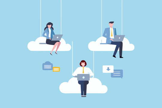 People working remotely on cloud shaped platforms connected digitally