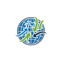 Obraz premium Global network of arrows around the world representing international trade and connections.