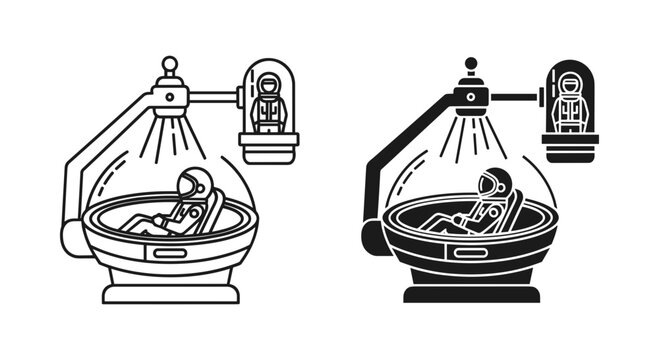 Futuristic cryosleep chamber vector icons, astronaut in stasis pod for deep space travel, sci-fi hibernation capsule line art and silhouette