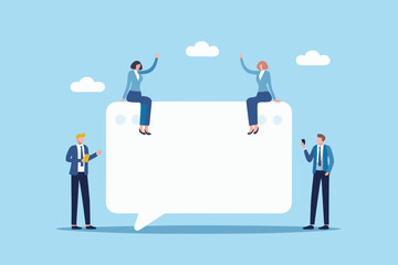 Fototapeta premium Minimalist illustration of people interacting near a large speech bubble