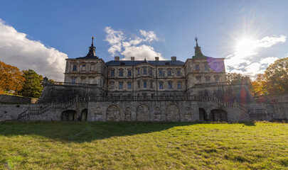 Fototapeta premium Renaissance Pidhirtsi Castle with dramatic storm clouds in Ukraine