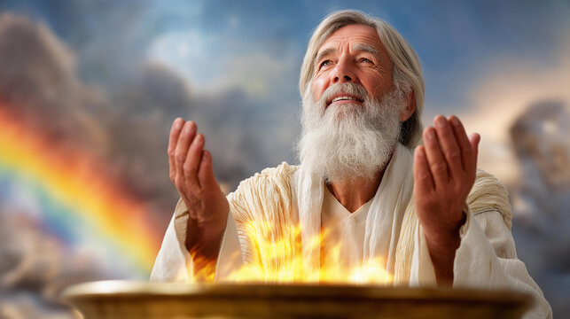 Elderly man praying with hands raised above a sacrificial fire altar in a biblical scene after the great flood with a rainbow and ark, Christian religious concept, defocused