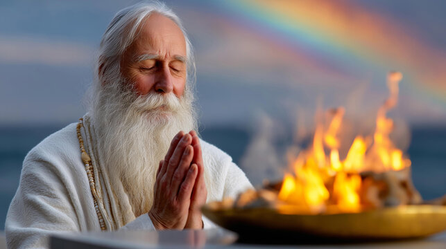 Elderly man praying with hands raised above a sacrificial fire altar in a biblical scene after the great flood with a rainbow and ark, Christian religious concept, defocused
