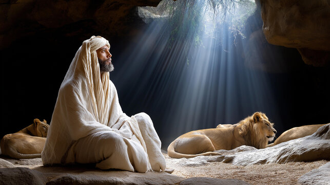 Prophet Daniel sitting calmly beside sleeping lions in a dark cave with light beaming from above, Old Testament story and Christian religion concept, defocused background, with