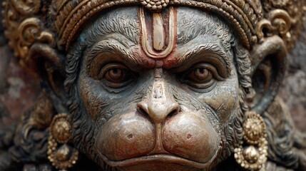 Fototapeta premium Lord Hanuman face close up with traditional tilak and ornaments