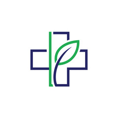 Fototapeta premium Medical cross logo with green leaf representing health and nature perfect for wellness.