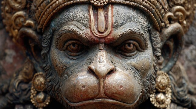 Lord Hanuman face close up with traditional tilak and ornaments