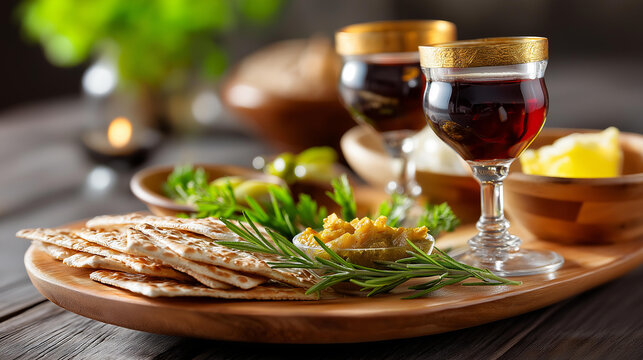 Seder plate with traditional Passover fare, Jewish religious celebration and biblical tradition concept, defocused background, with copy space
