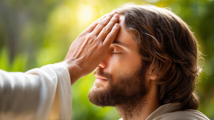 Jesus Christ healing a blind man in a powerful biblical miracle, spiritual theology and ancient faith story concept, defocused background, with copy space