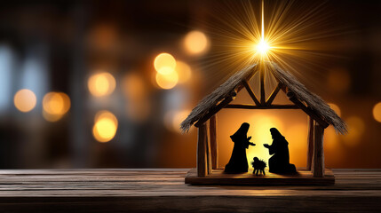Fototapeta premium Christmas nativity scene silhouettes of Mary, Joseph, and baby Jesus under a rustic stable with a radiant star, Christian holiday concept, defocused background, with copy space